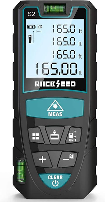 Laser Measure 50M/165ft,RockSeed Digital Laser Distance Meter with 2 Bubble Levels,Portable Laser Rangefinder M/in/Ft Unit Switching Backlit LCD and Measuring Distance/Area/Volume/Pythagorean