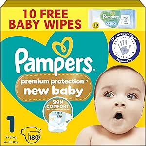 Pampers Premium Protection New Baby Size 1, 180 Nappies, 2kg-5kg, Monthly Pack, The Only Newborn Nappy Approved by British Skin Foundation